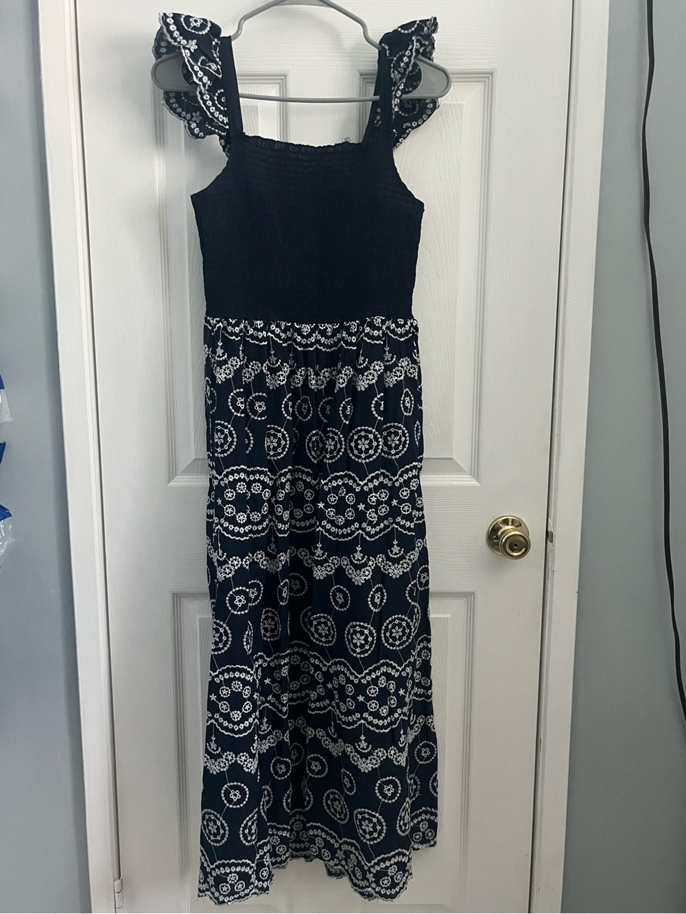 Navy & White Floral Embroidered Maxi Dress with Smocked Top and Ruffle Sleeves